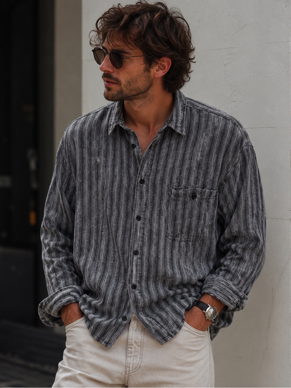 Saturdays Men's Medium Gray Textured Stripe Button-Up Shirt Relaxed Fit Casual M